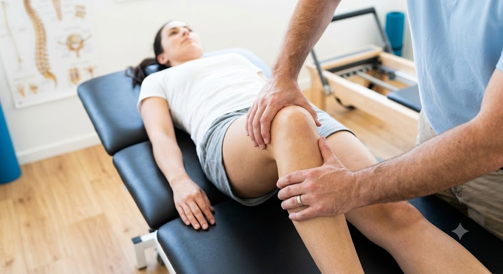 A physiotherapist examines a woman's knee as she lies on a treatment table in a clinic