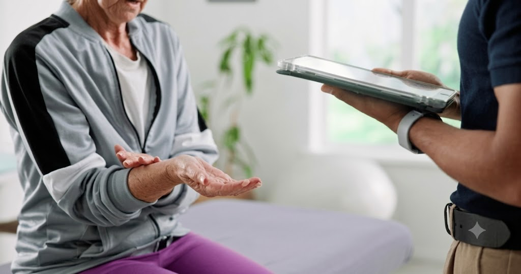 A woman gestures with her hand while a physiotherapist holds a tablet, appearing to discuss her wrist or hand symptoms during a consultation.