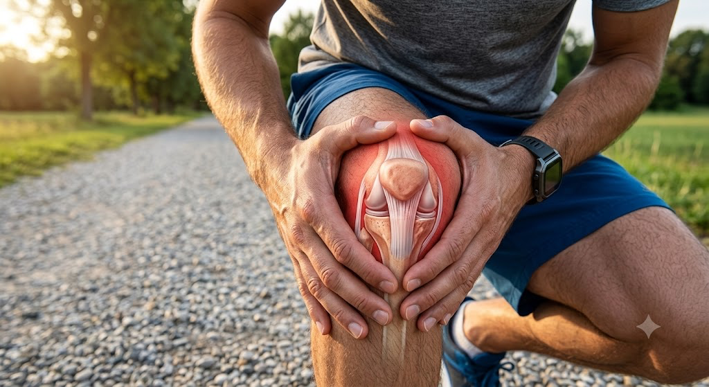 A runner holds his knee with a digital overlay of the joint's ligaments and inflammation highlighted in red, illustrating knee pain