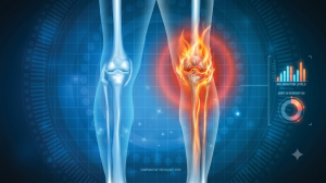 A digital illustration compares a healthy blue-toned knee joint with an inflamed, cracked joint engulfed in flames, alongside data charts showing inflammation levels and joint degeneration