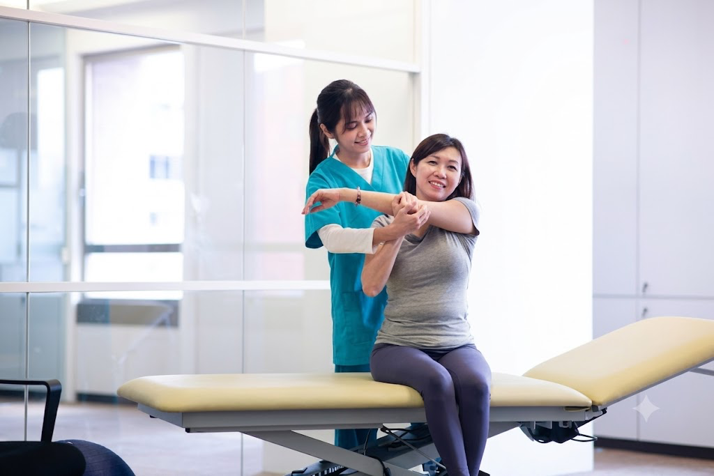A healthcare provider in a turquoise uniform examines a patient's arm during a medical consultation in a bright clinical setting